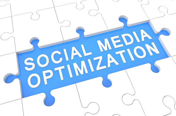 Social Media Optimization - puzzle 3d render illustration with word on blue background